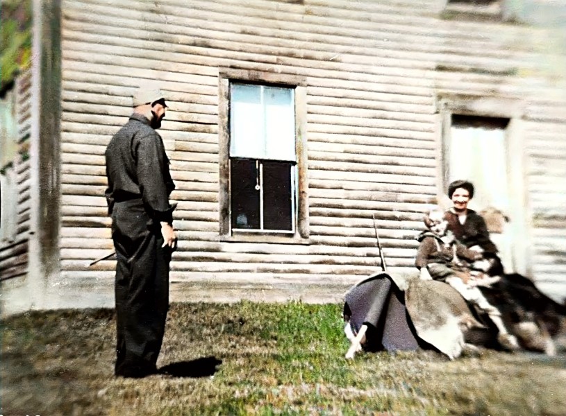 Dad surveying the yard; Louise with Gramma Brown and Sniffy the dog.