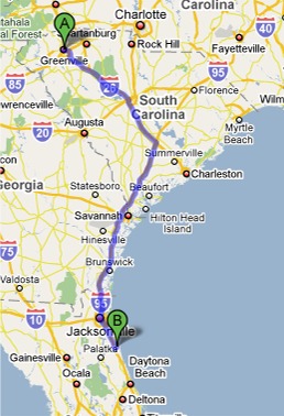 Our route from Greenville, SC to St. Augustine, FL