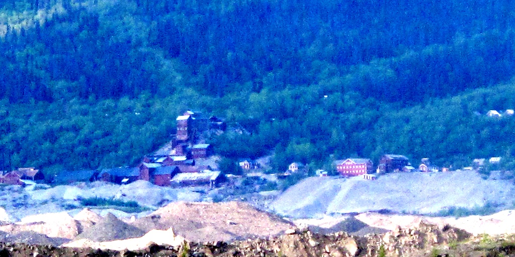 Ghost town of Kennicott as seen through telephoto lens from porch of the main building at the Kennicott River Lodge.