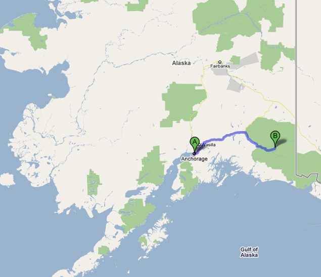 Map: Anchorage to McCarthy, Alaska