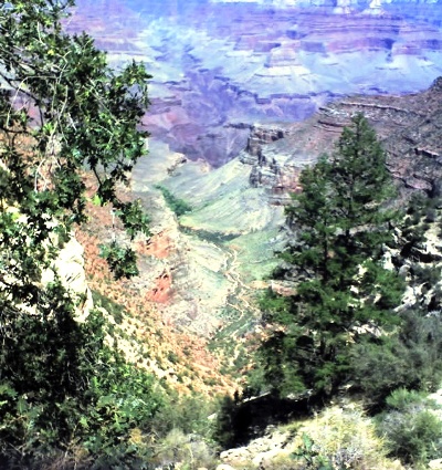 You can see the curvy Bright Angel Trail switchbacking back and forth to Indian Gardens, five miles away.