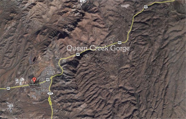 Map of US 60 showing the locations of Superior, Arizona, and Quuen Creek Gorge.