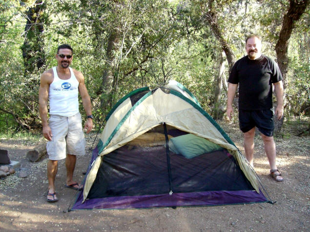 Frank on the left, the tent, and me. (The tent is green and tan, and I am wearing black.)